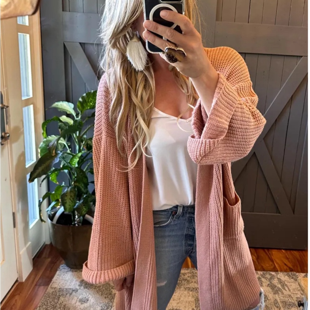 New Womens Oversized Knit Cardigan Sweater Cotton Blush Pink Crochet Yarn - Picture 3 of 10